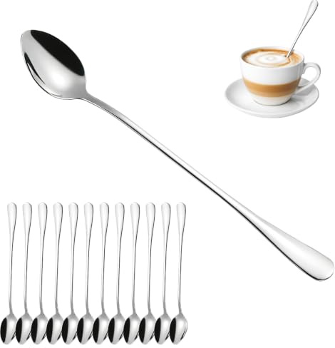 12 Stück Latte Macchiato Löffel Set, 19.5 cm lange Edelstahl Eislöffel, Eislöffel lang, Cocktail Löffel, Longdrinklöffel für Eiskaffee, Eisbecher, Milchshake & Desserts, spülmaschinenfest