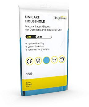 Unigloves Unicare Household Power-Free Reusable Household Latex Gloves, 1 Pair, Blue, Medium (UCHG3003B)