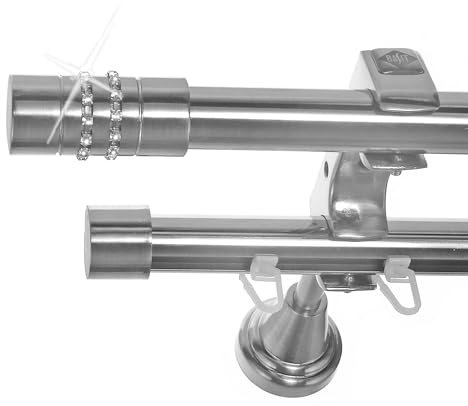 BASIT Rohr + Innenlauf Gardinenstange Wandmontage 2 läufig 280cm lang Edelstahl Look Metall Gardinenstange 2 läufig Wandbefestigung Ø20mm I H60 RI