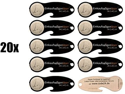 Einkaufswagenlöser Münze schwarz/Schlüsselanhänger Einkaufschip mit Schlüsselfundservice/Abziehbarer Einkaufswagenchip Metall, Chip Einkaufswagen, Key Finder/ 20 Stück