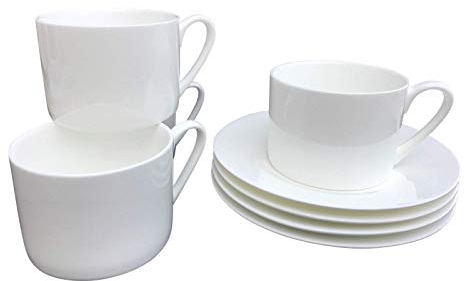 Set of 4 Plain White Fine Bone Contemporary China Cups and Saucers