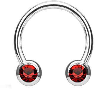 beyoutifulthings Hufeisen-Ring 2 ZIRKONIA Universal-Piercing Brust Nippel Nase Septum Ohr Helix Cartilage Edelstahl Silber Rot 1,2mm 10mm