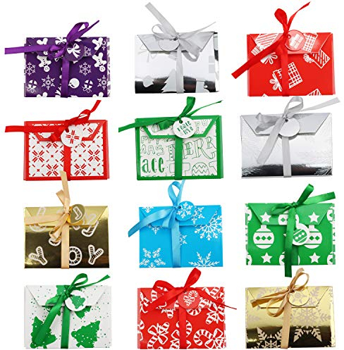 Geschenkbox für Geschenkkarte Weihnachten (36 Stk) -Gutschein Geschenkverpackung Boxen 12 Motive (je 3 Stk, 11x8x1cm) Weihnachtsboxen Festlich mit Band und Etikett für Geldgeschenk, Gutschein, Karten