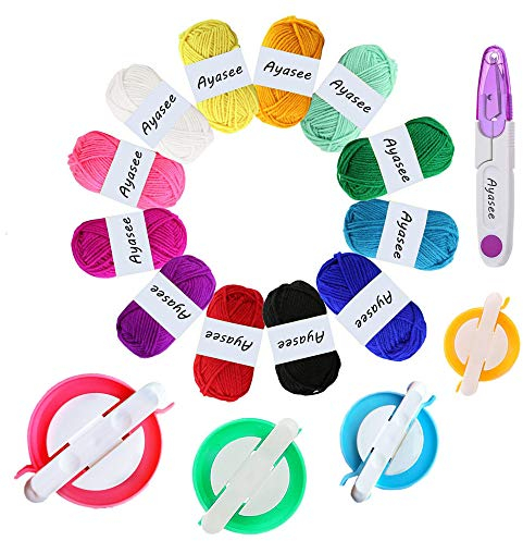 Pompom Maker, 4 Größen Pom Pom Maker für Fluff Ball Weaver Needle Craft DIY Wolle Stricken Craft Tool Set Dekoration + 12PS Acrylgarn + 1PS Schere (17a)