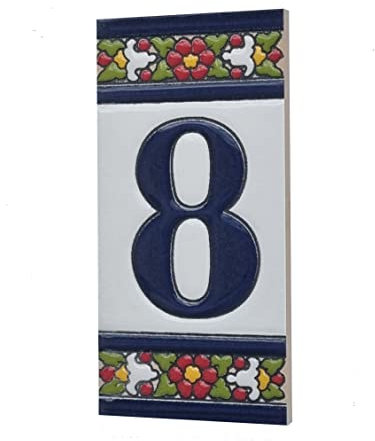 Spanish Floral Designed Ceramic Letter Tiles House Number Tiles and Frames (Number 8)
