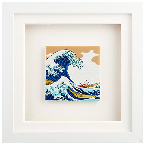 Japan Wandbild OONAMI aus japanischem Porzellan in 3D-Holz-Bilderrahmen Weiß Geschenk-Box 22,5 x 22,5 x 3.3 cm