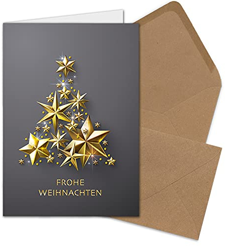 150x Weihnachtskarten-Set DIN A6 in Grau mit goldenem Weihnachtsbaum aus Sternen - Faltkarten mit Umschlägen DIN C6 Kraftpapier Sandbraun mit Nassklebung - Weihnachtsgrüße für Firmen und Privat