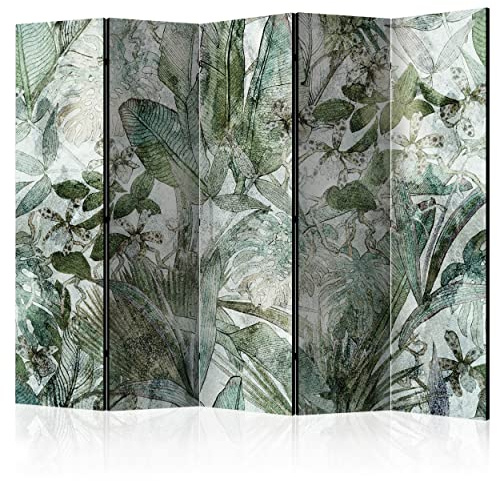 decomonkey Paravent Raumteiler Innen Pflanzen 225x172 cm 5 Teilig Einseitig Room Divider Wall Raumteiler Stehend Trennwand Sichtschutz Spanische Wand Sichtschutzwand Wohnzimmer Holz Laub Blätter
