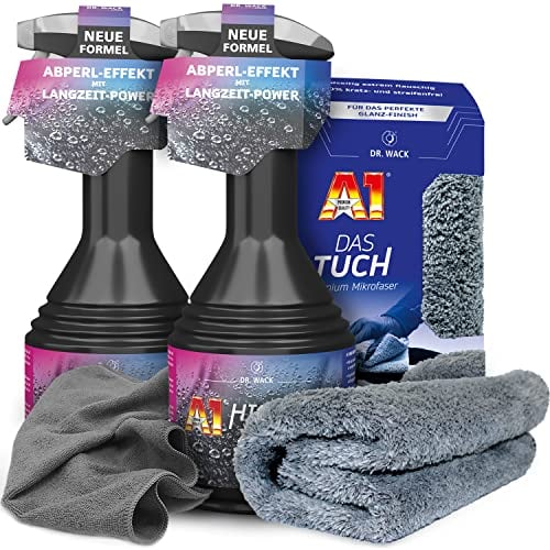 detailzone Autopflege Set: 2x Dr. Wack A1 HIGH END Spray Wax Lackversiegelung Autowachs + 1x Dr. Wack DAS TUCH + Premium Mikrofaser Poliertuch 40x40cm