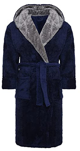 i-Smalls Mens Dressing Gown Super Soft Fleece Hooded Housecoat Robe with Belt S to 6XL (L) Navy