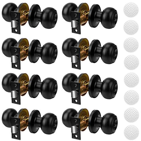 Black Door Knob, Privacy Door knobs Interior Handle Set of 8, Keyless Flat Ball Interior Door Knobs Lock with Hardwares Instruction and Door Stopper Wall Protector, for Bedroom Bathroom