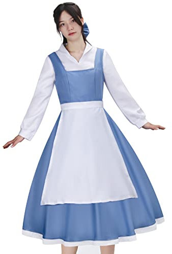 LIKUNGOU Belle Princesa Vestir para Mujer Disfraz Traje de Sirvienta con Lazo Halloween Cosplay Traje Accesorios (L)
