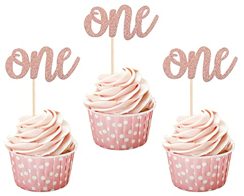 SYKYCTCY 24 Pack One Cupcake Toppers Glitter Baby 1st Birthday Party Cupcake Food Picks Baby Shower Boys Girls Kids First Birthday Party Cake Decorations Supplies (Color-02-Rosegold)