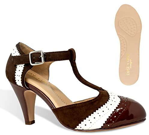 Chase & Chloe Damen Two Tones Wing Tips Retro Rockability 1950er Vintage T-Strap Pinup Style Pump Flapper, Hellbraun, 42 EU