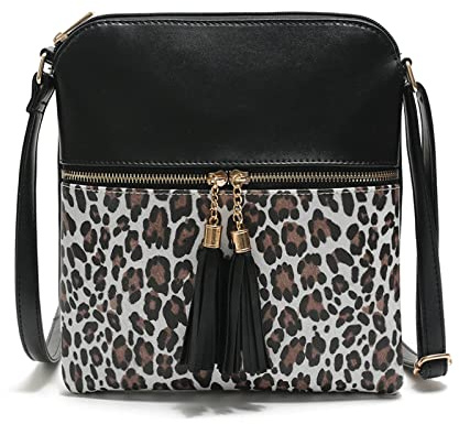 FAIRYSAN Leder Crossbody Vintage Sling Handtasche Tasche Leopard Crossover Tasche mit Quaste für Frauen