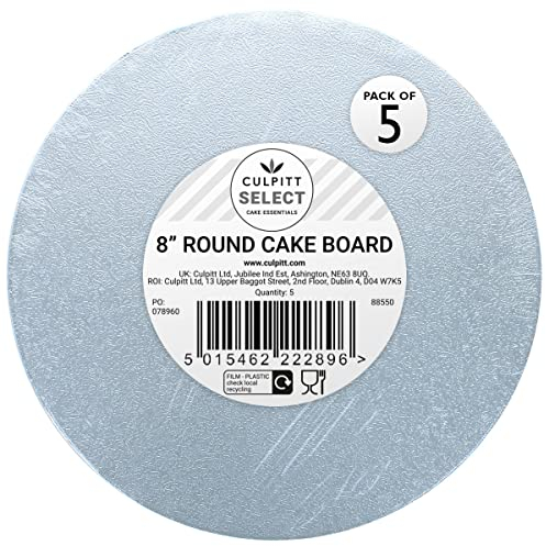 Culpitt Select 8 Cake Boards, Round, 12mm Thick Lightweight Cake Plate For Celebration Cakes, Birthday Treats, Cupcakes, and More! Strong, 8 Inch, Pack Of 5