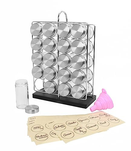 Orii Gewürzregal mit 20 Gläsern aus Chromdraht mit Bambusboden, inklusive SS-Trichter, 160 vorgedruckte + 20 leere Gewürzetiketten im Lieferumfang enthalten, kompaktes und minimalistisches Gewürzregal