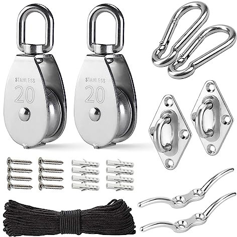 LAIWOO M20 Stainless Steel Pulley System Kit-Heavy-Duty Pulley Wheel, Pulley Block with Nylon Rope, Hooks, Eye Pad Plate, and Rope Cleat - Ideal for Lifting, DIY Projects, and Clothesline (2 Pack)