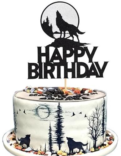 Arthsdite 1 x Wolf Happy Birthday Tortenaufsatz – Timberwolf Heulen, Geburtstag, Glitzer, Vollmond-Kuchenspieße, Dschungel, Wildtier-Party, Jungen, Mädchen, Geburtstagsparty-Dekoration