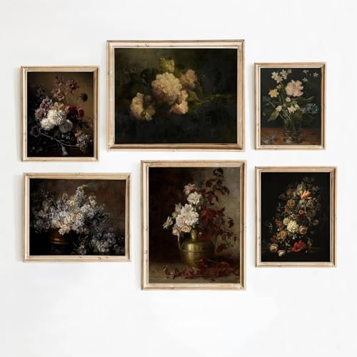 Joocrise Moody Floral Wandkunst, Gemälde, 6er-Set, dunkle Akademie, Wanddekoration, Vintage, botanische Leinwand, Wandkunst, viktorianische Blumenkunst, Bilder, Vintage-Blumendrucke für Zimmer