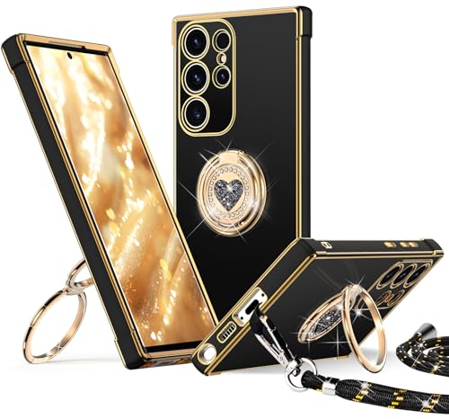 XYZ für Samsung Galaxy S23 Ultra Hülle mit Band, Herz Doppelring Ständer HandyHülle Handykette Frauen Mädchen Dünn Stoßfeste Anti-Kratzt SchutzHülle für Samsung S23 Ultra Case, Schwarz