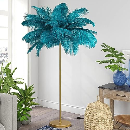 Locuetyn Lampe à plumes, plume d'autruche salon lampadaire lampadaire en or avec bleu rose blanc plume dimmable lampe convient pour fille