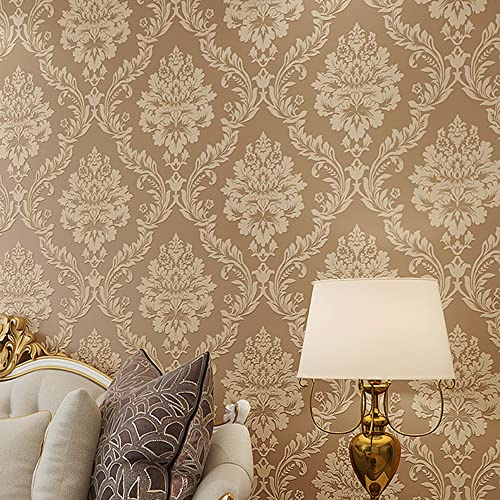 HimYKEA European Retro 3D Flower Damask Wallpaper for Bedroom Living Room Background Home Decoration Non-Pasted Wall Paper Roll Khaki Colour 1.73' W x 32.8' L
