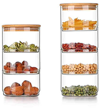 Glass Jars with Wooden Lids 3-Tier /4-Tier Stackable Glass Jars Food Storage Jar,Glass Food Storage Canister Airtight Sealed Storage Containers Canisters (#2)
