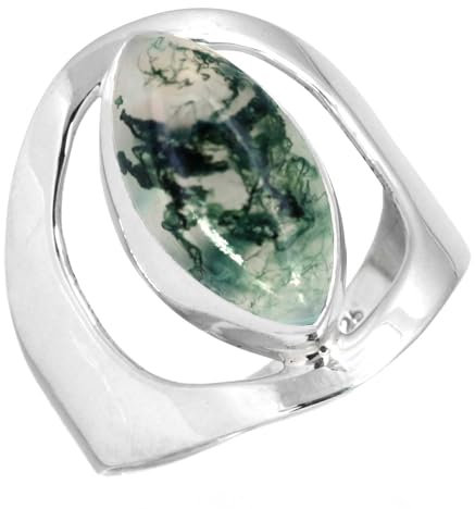 Jeweloporium Grüner Moosachat-Silberring, Größe 50 (15,9), 925er Sterlingsilberring für Damen, echter Marquise-Edelstein, handgefertigter Schmuck