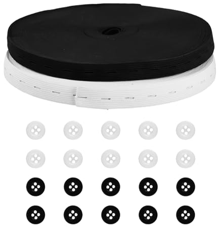 2 Rollo 8m x 15mm Gomas Elásticas con Ojales Bandas Elásticas Planas con Ojal de Cuerda Cinta Elástica con Ojales Ideal para Ropa Ajustable y Proyectos de Bricolaje Incluye 20 Botones de Resina