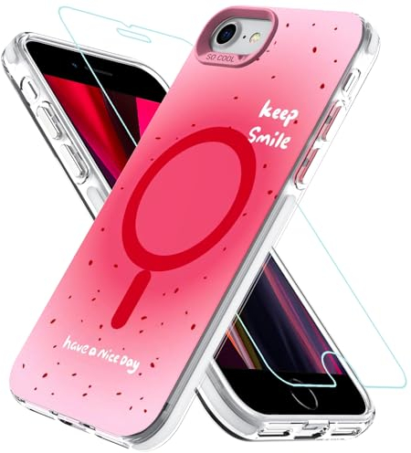 OWKEY Hülle für iPhone SE 2020/2022 (iPhone SE 2/3), iPhone 8/iPhone 7, Magnetisch Schutzhülle für MagSafe mit 9H Schutzglas, Smile Niedliches Muster Design Aesthetic Case Handyhülle (Rosa)