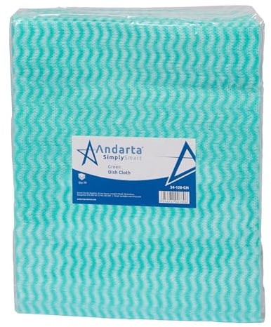 Andarta - Green J-Dish Cloths - Pack of 50 (35 x 42cm) - Versatile Cleaning Cloths for Kitchens, Bathrooms and General Areas - Absorbent, Quick-Drying, Washable and Lightweight