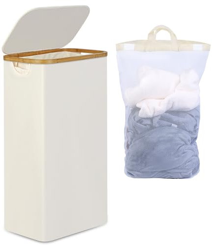 efluky 75L Slim Laundry Baskets with Lid, Collapsible Laundry Hamper with Removable Bag, Small Slimline Washing Basket for Dirty Clothes, Cloth Storage Basket (Beige, Slim 75 Litres)
