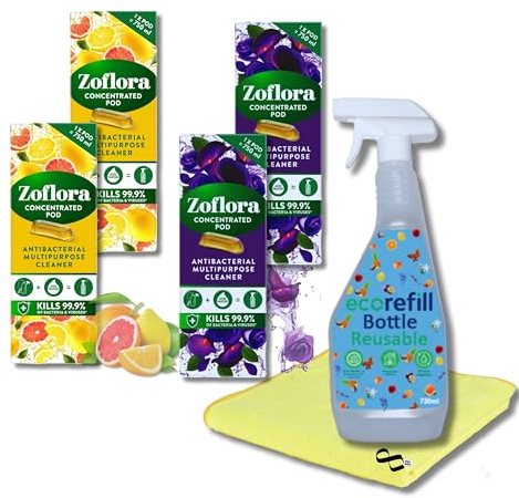 Refill 750ml Spray Bottle Antibacterial All Purpose Cleaner & Microfibre Cloth Bundle With Zoflora Midnight Blooms & Lemon Zing Multipurpose Disinfectant Concentrated Pod 4 Packs.
