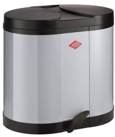 Wesco Ökosammler 170 in der Farbe grau, pulverbeschichtetes Stahlblech, zwei Kunststoffeinsätze mit je 15 Liter Volumen, Kunststoff-Fußtritt