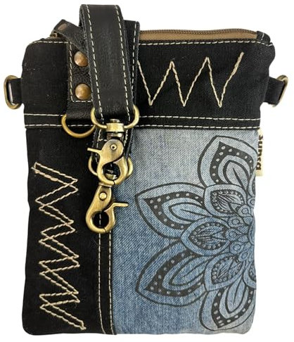 Sunsa Damen kleine Umhängetasche. Nachhaltige Tasche aus recycelte Jeans & Leder. Crossover bag in Vintage Retro Stil. Schultertasche für Frauen oder Mädchen (Blau schwarz/Mandala)