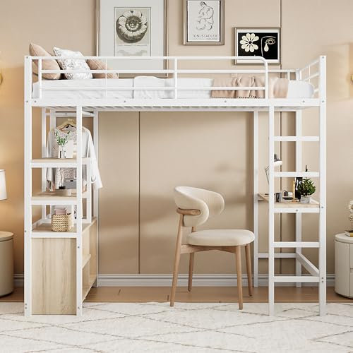NNJN Cama alta, cama con escritorio, con enchufe y USB, varios estantes, armario de almacenamiento abierto, barandilla, escalera, marco de hierro, 90 x 200 cm (sin colchón) (blanco)