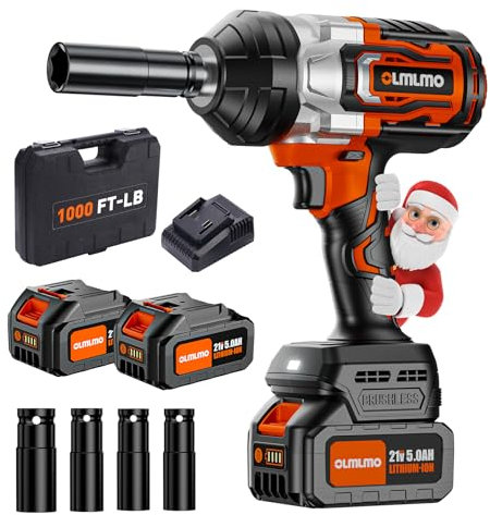 olmlmo Clé à Chocs sans Fil 1/2 Brushless 1300 NM (1000 pieds-lbs) Clé à chocs à couple élevé avec batterie 10000 mAh, chargeur rapide, 4 prises, batterie de perceuse pour voiture et maison