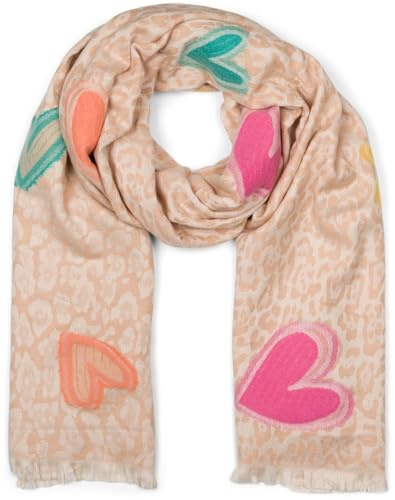 styleBREAKER Damen Schal Leo Muster Stickerei | 194x67 cm Maß, 100% reine Viskose, kurze Abschlüsse an den Enden, verziert mit aufgestickten Herzen.