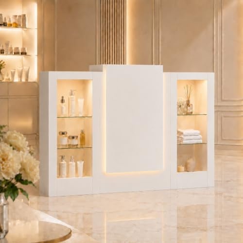 Mostrador de Recepción Blanco 150cm con LED y Vitrina de Cristal – Caja Registradora con Cajón de Teclado, 2 Armarios Iluminados y 3 Tiras LED – Mostrador para Salón, Boutique, Oficina, 150×100×52cm
