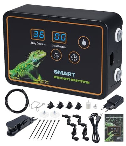 Mulcort Smart-Nebelsystem für Reptilien, intelligentes Sprühsystem, 2 Sprühdüsen, 360°-Einstellung, Haken oder Saugnapf, zeitgesteuertes Sprühen für Tankeidechsen, Chamäleons, Schlangen, Schildkröten