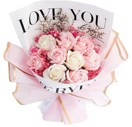 Pleayietoopiatiey Künstlicher Blumenstrauß, Seife, Rose, Blume für Thanksgiving, Valentinstag, Rosa / Weiß