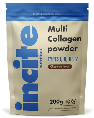 Incite Nutrition Multi Collagen Pulver Schokoladengeschmack 200 g. Quelle für Kollagen Typ 1, 2, 3 und 5. Essentielles Ergänzungsmittel für Haut, Gelenke, Knochen, Haare, Nägel und Muskelregeneration.