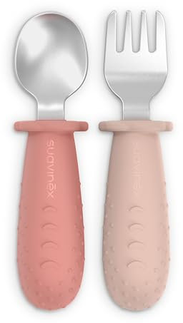 Suavinex, Couverts d'Apprentissage Bébé, Pack Cuillère et Fourchette en Acier Inox, Manche en Silicone Antidérapant, Ergonomiques, Sûrs, BLW, Bébés +6 Mois, Passe Lave-Vaisselle, Rose