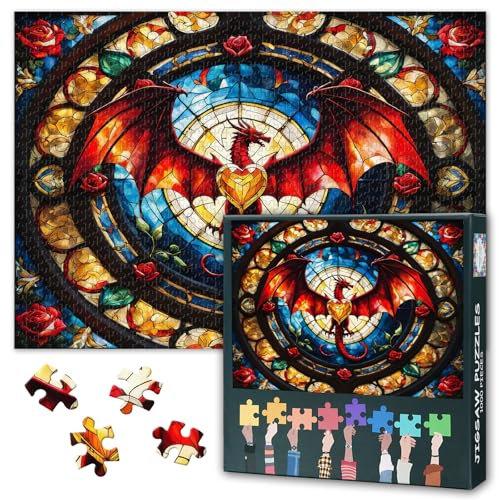 Jigsaw Puzzles 1000 Pieces Red Dragon on a Stained Glass Window Puzzle for Adults 1000 Pieces, Impossible Challenging Puzzles, 19.5 x 27.5 Inch