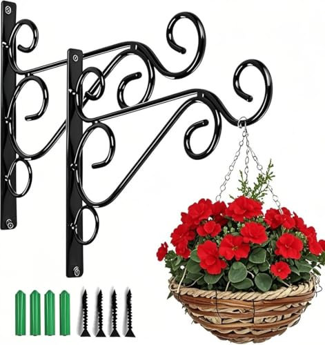 WSTELHH 2Pcs Iron Plant Hanger Wall Hooks,Hanging Basket Brackets Wrought Iron Bracket for Lantern Planter Flower Hanger Fence