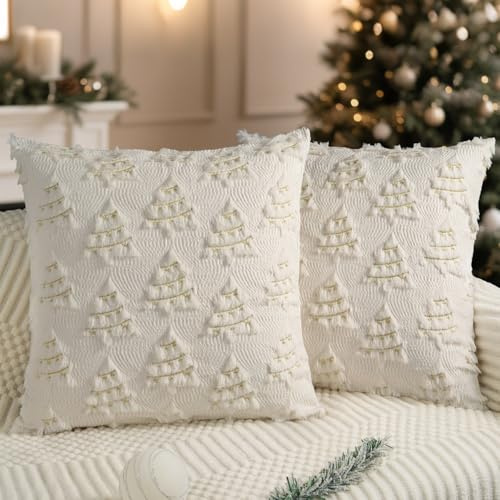 Miaikoe Weihnachtskissenbezüge 45x45 cm 2er Set Dekorative Wollkissenbezug Weiches Plüsch Fälschungsfell Weihnachtsbaum Goldene Linien für Feiertage Winter Wohnzimmer Sofa Creme Weiß
