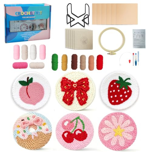 BOYIFEIJIE Punch Needle Set für bunte DIY-Untersetzer, Kreatives Bastelset zum Sticken für Erwachsene & Anfänger mit Motivstoff, Stickrahmen, Garn & Anleitung (Weiß)