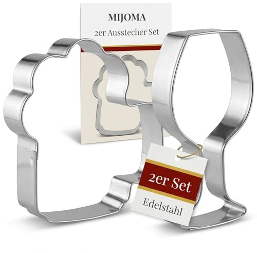 MIJOMA Ausstechformen Set 2-teilig – Bierkrug und Weinglas zum Backen und Dekorieren – aus Edelstahl rostfrei und stabil – für Kekse Fondant Käse Partygeschenke