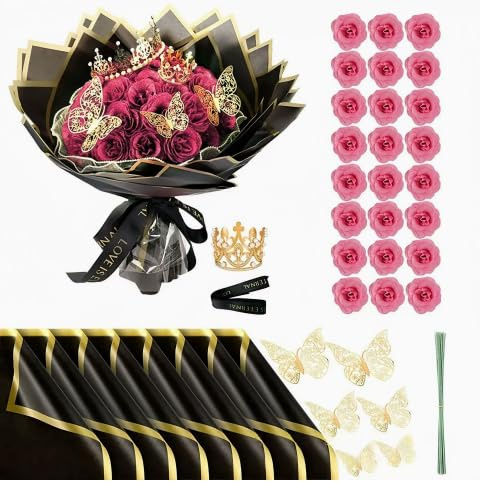 HORREX 24 Rose Finte, Fiori Artificiali, Rose Glitterate, Bouquet Fiori Finti con Corona, per Regali di Matrimonio, Anniversario, Compleanno, San Valentino Regali Natale Originali (Rosa)